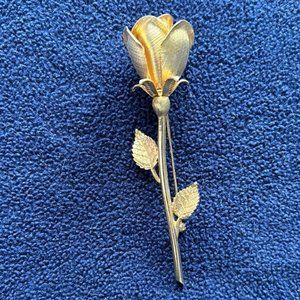 VTG Gold Tone Rose Brooch  - Single Long Stem Rose